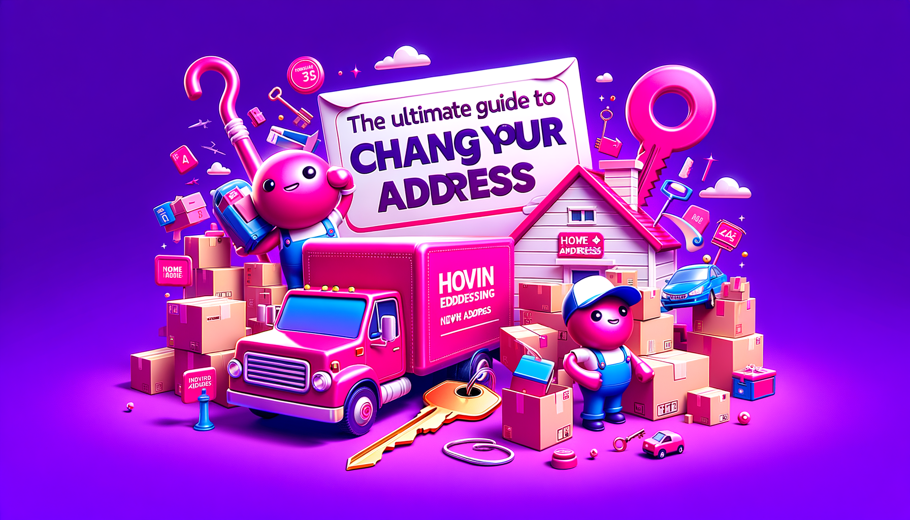 Illustration of a fuschia colored cartoon moving truck symbolizing the process of changing an address.