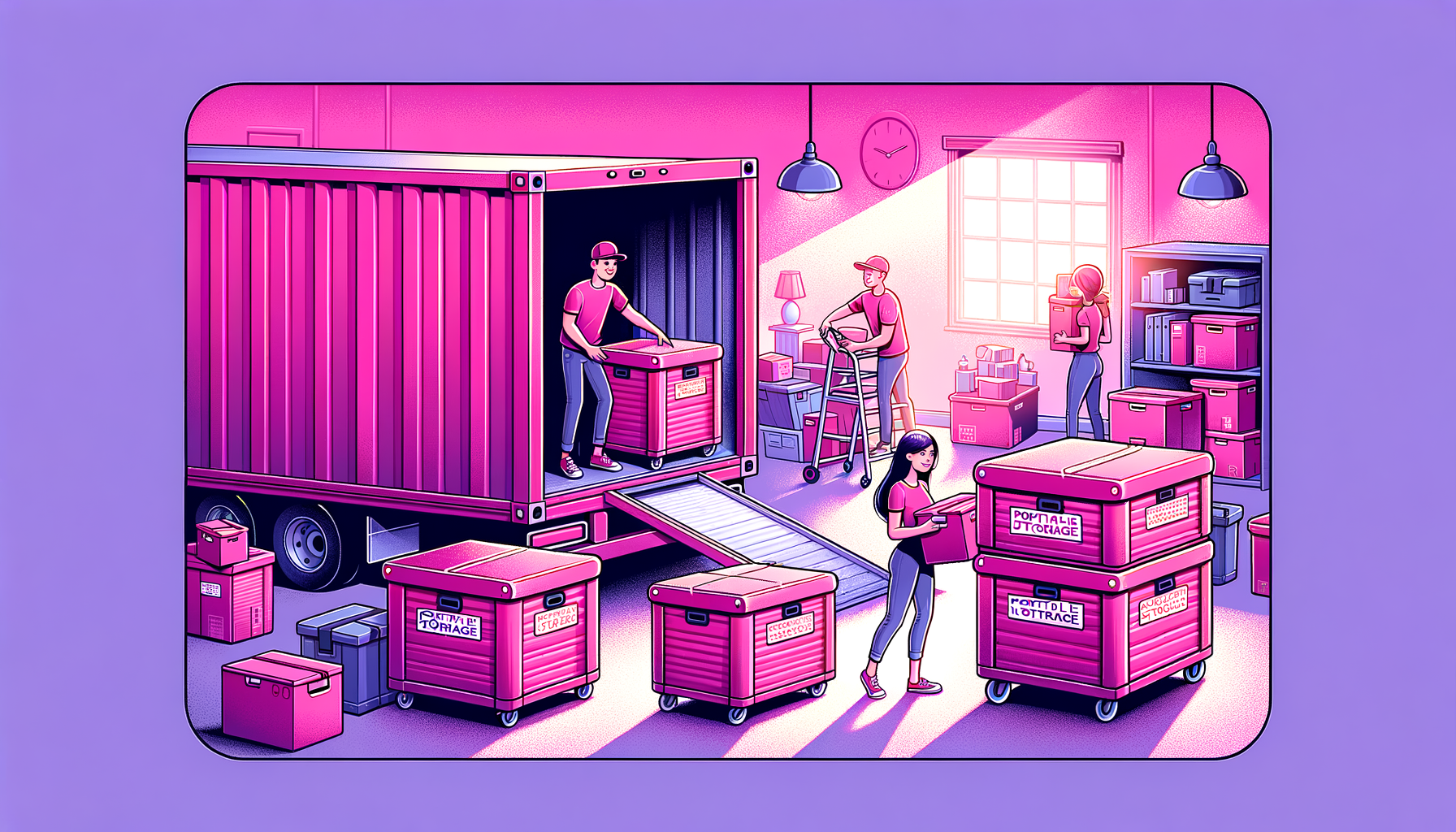 Cartoon illustration of a fuschia colored portable storage unit, perfect for a moving day.