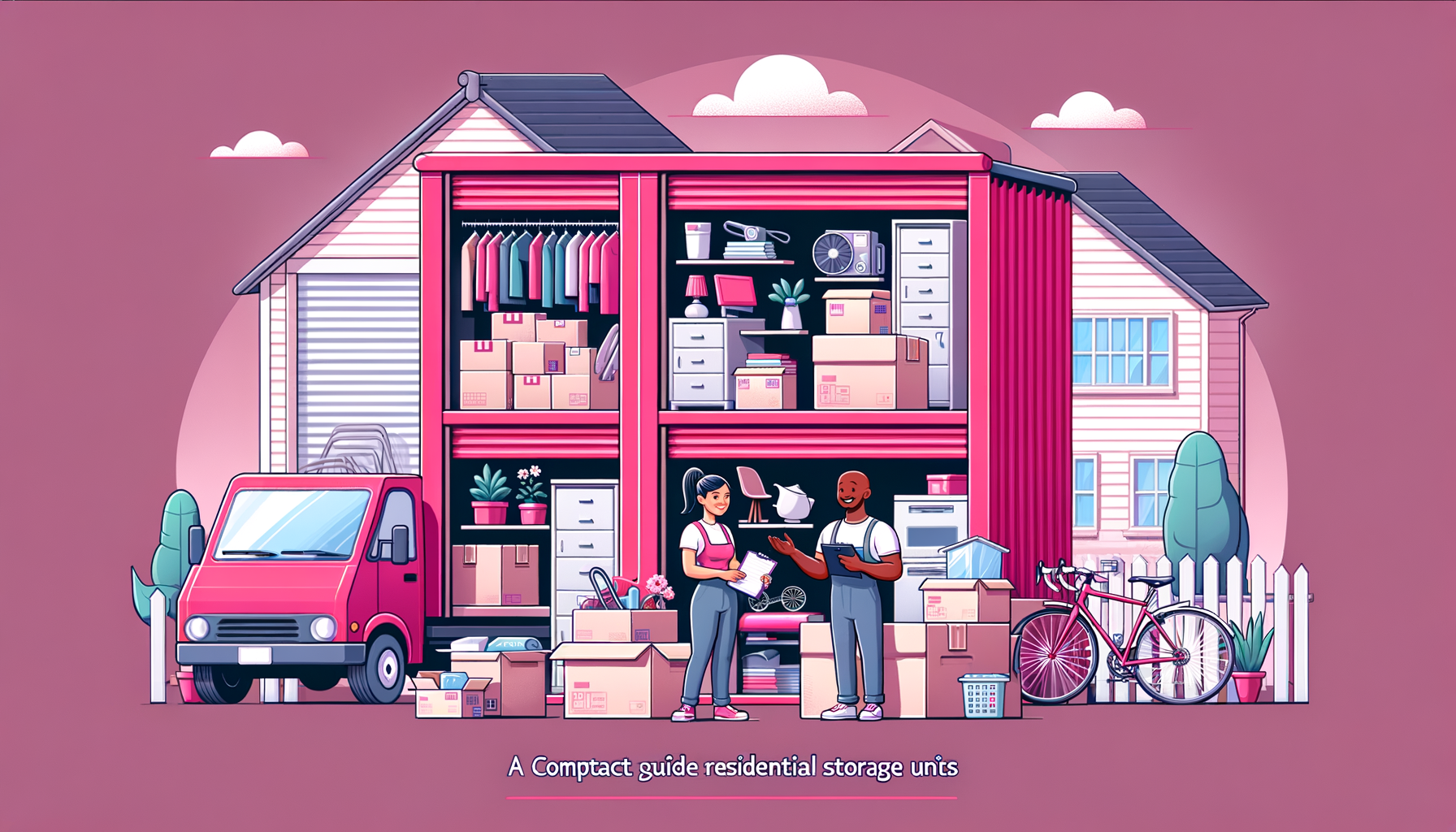 Illustration of a fuschia colored cartoon-style residential storage unit.