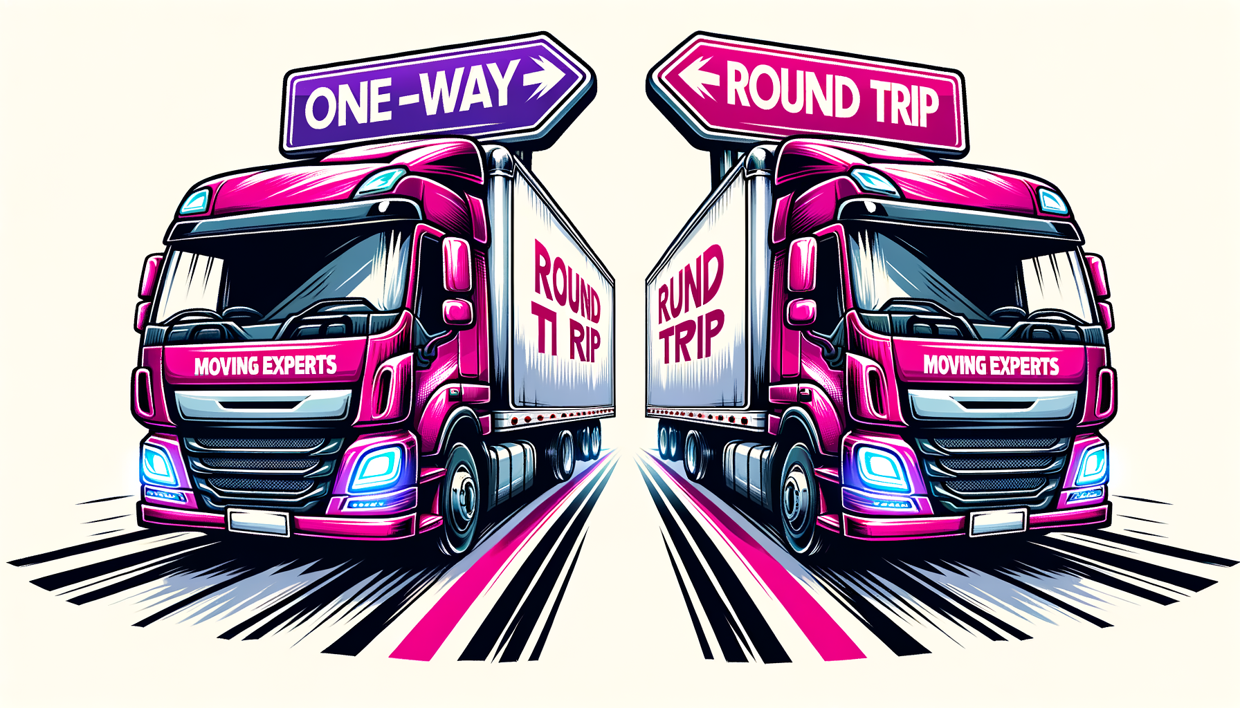 A fuschia colored cartoon image depicting one-way and round trip truck rentals.