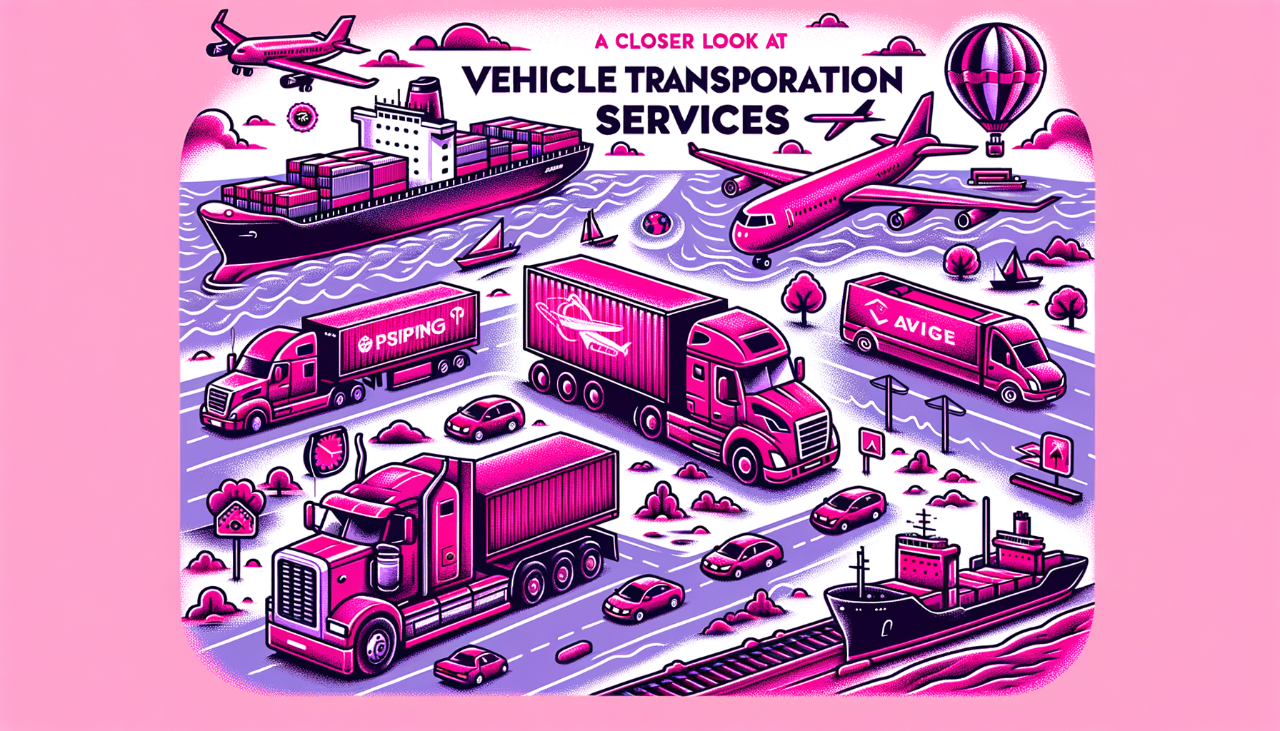 Fuschia illustration of vehicle transportation services for MovingExperts