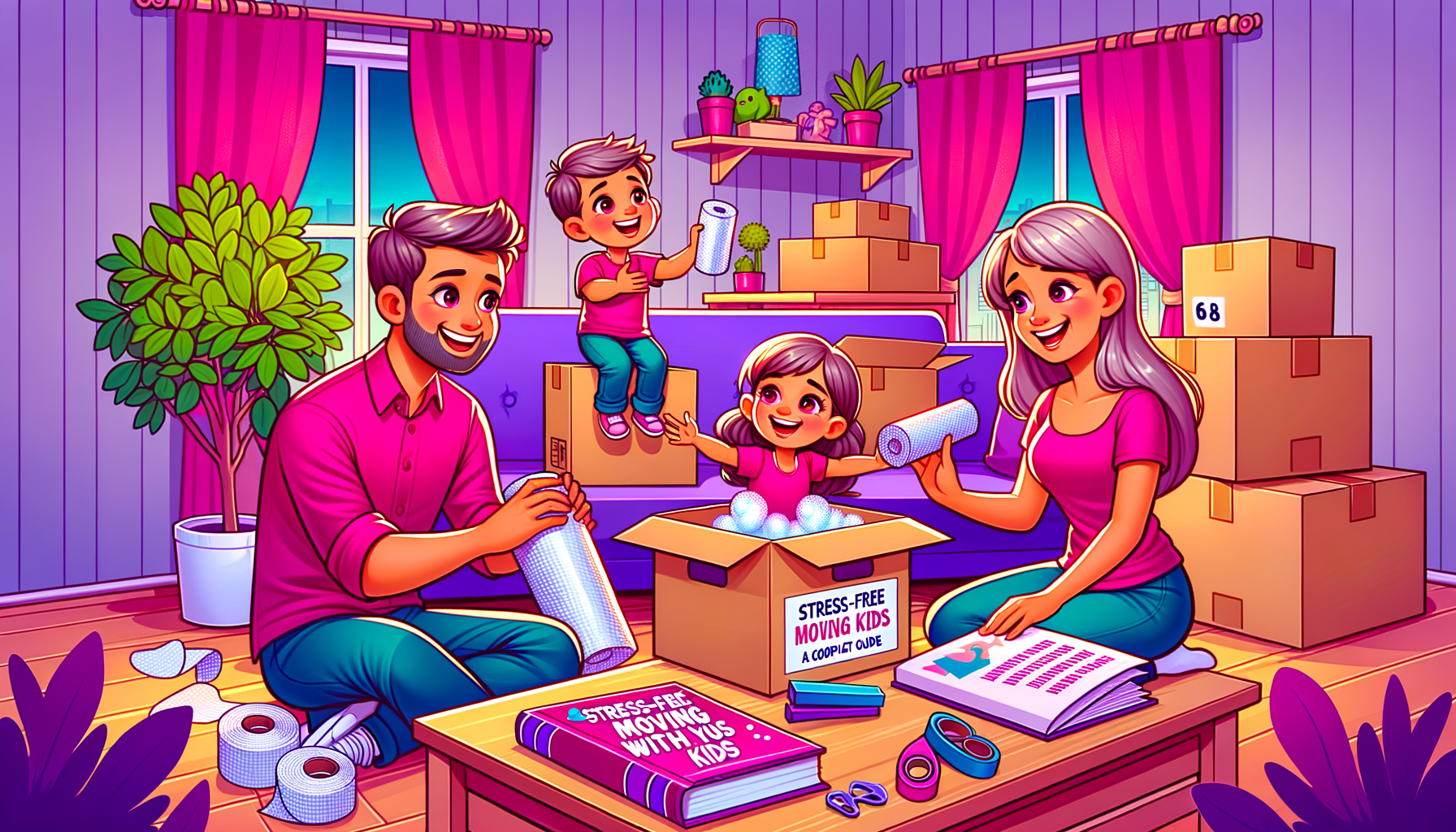 Illustration of a fuschia colored cartoon family happily organizing boxes for a stress-free move.