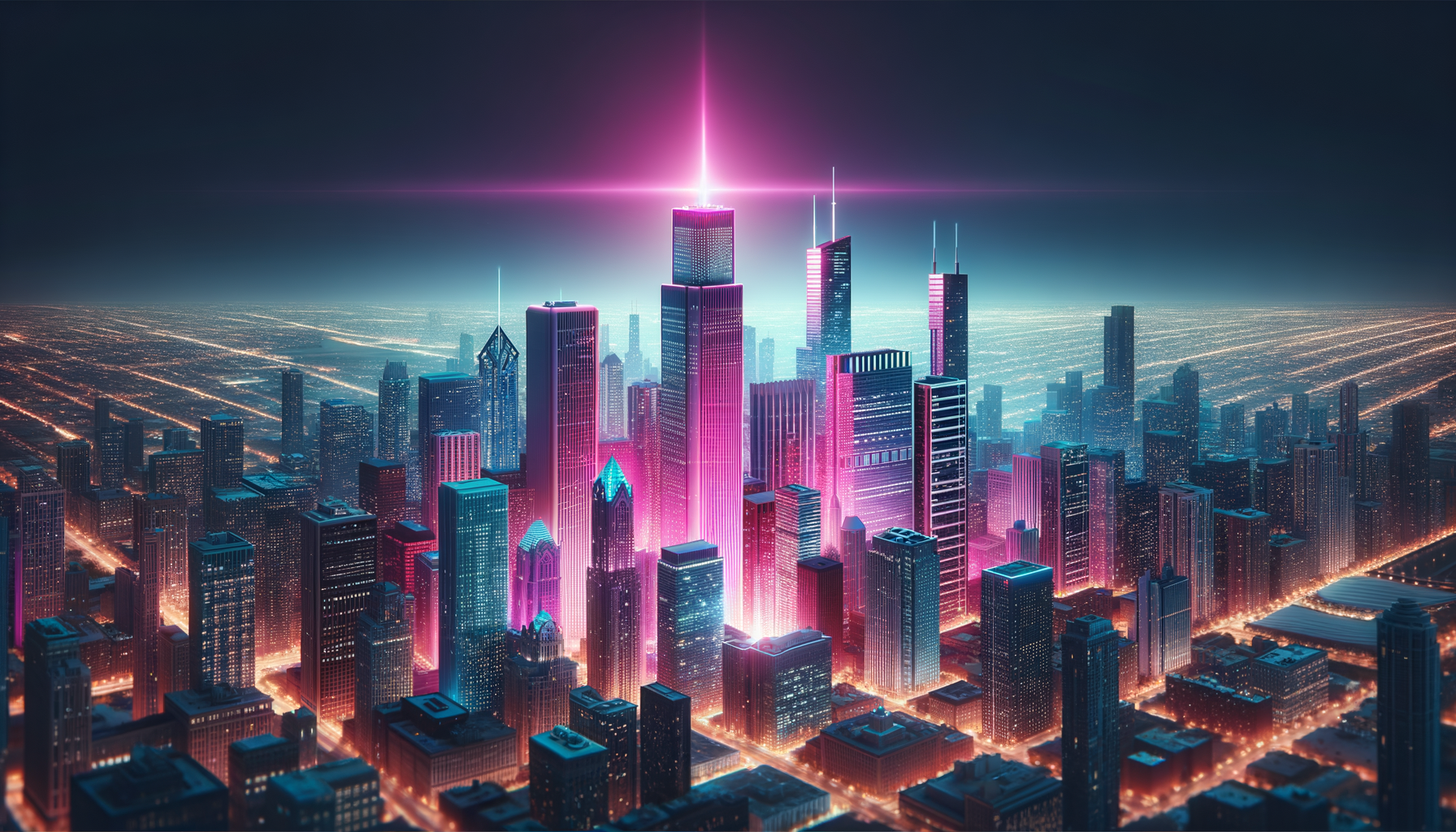 A striking illustration of Chicago, Illinois landscape with one prominent building glowing in a distinctive fuschia aura.