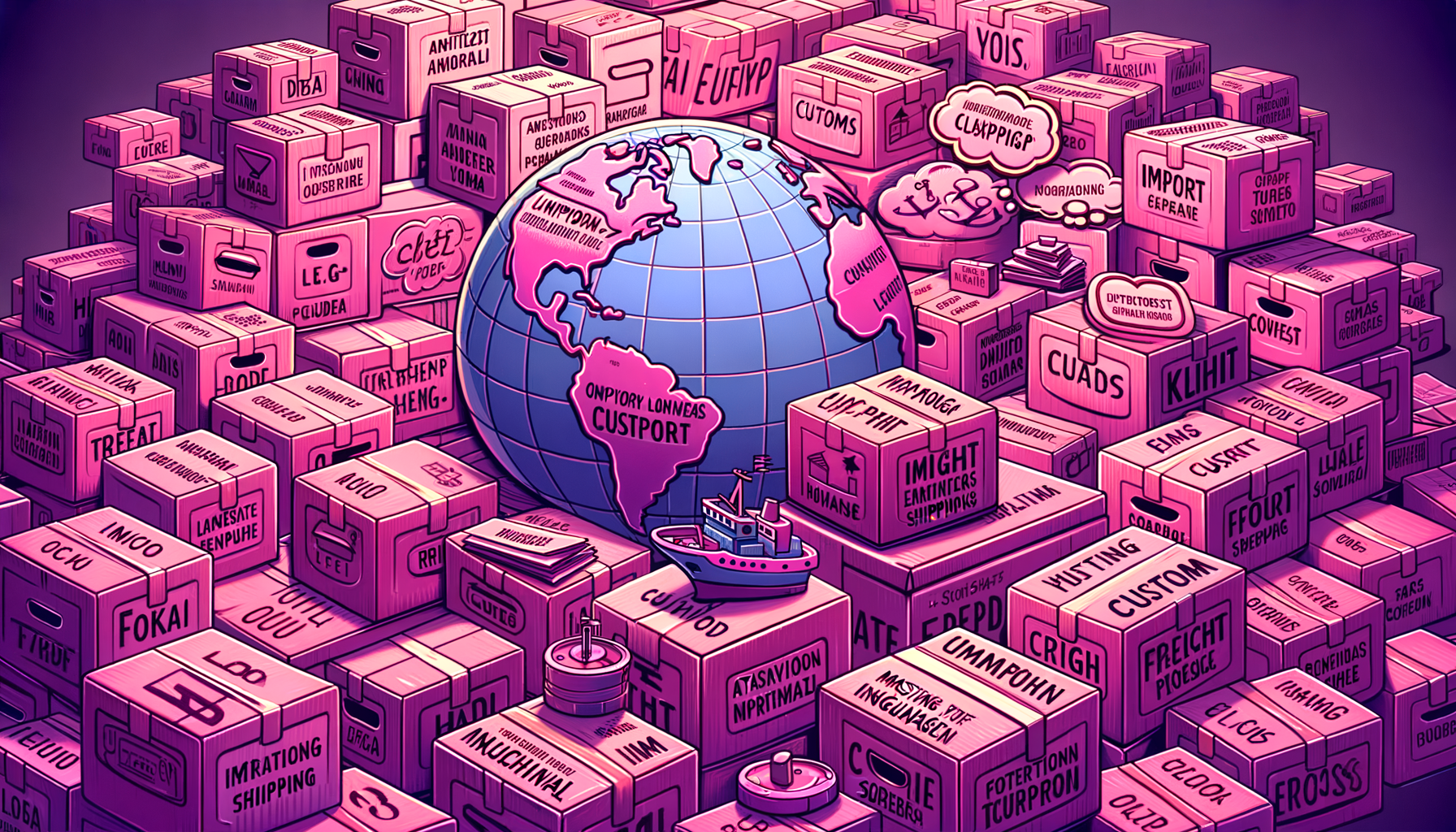 Cartoon-like illustration in fuschia depicting a globe with various shipping icons, symbolizing the essentials of international shipping language.