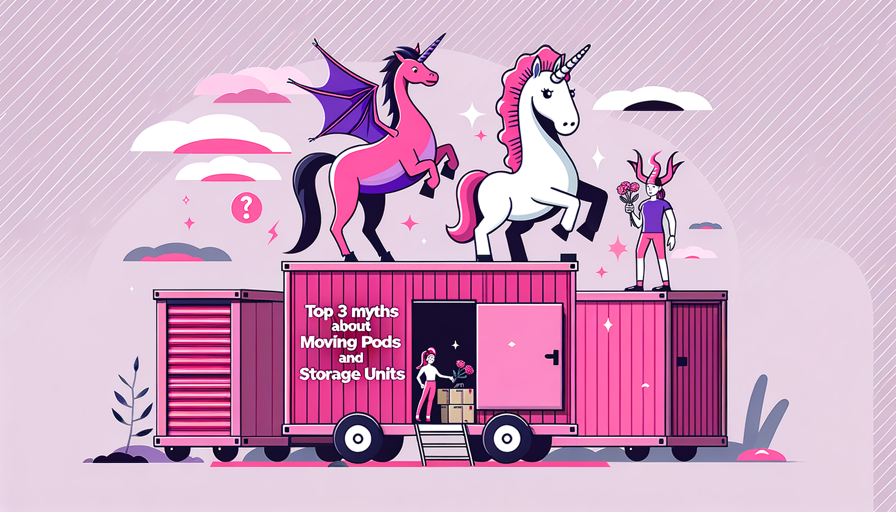 Cartoon illustration of fuschia moving pods and storage units signifying myths debunked.