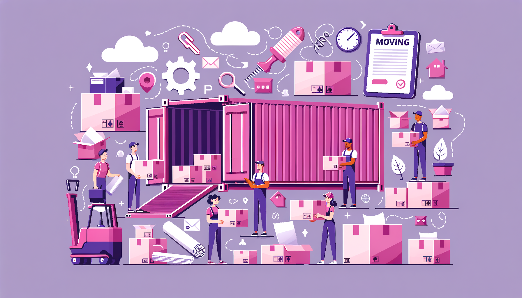 Cartoon illustration of a fuschia colored shipping container for a packing guide.