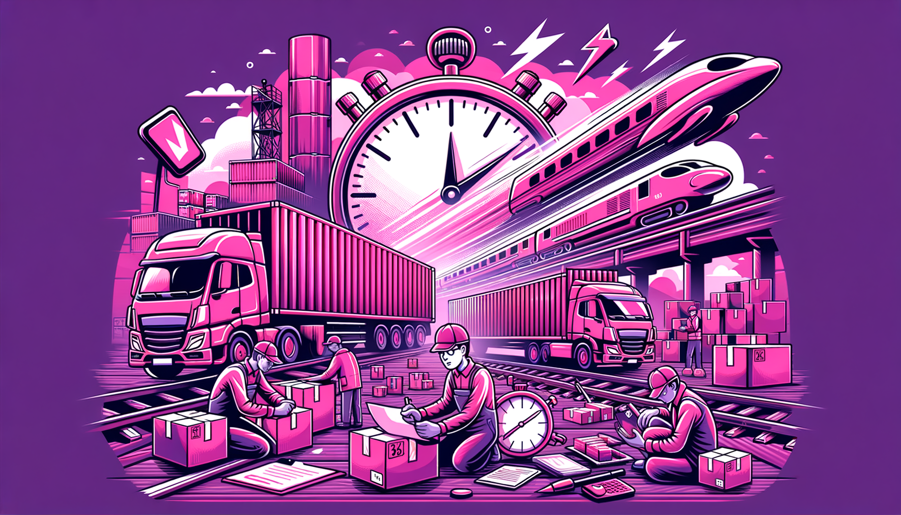 Cartoon-like illustration of a fuchsia delivery truck speeding on a road symbolizing efficient freight management for speedy deliveries.