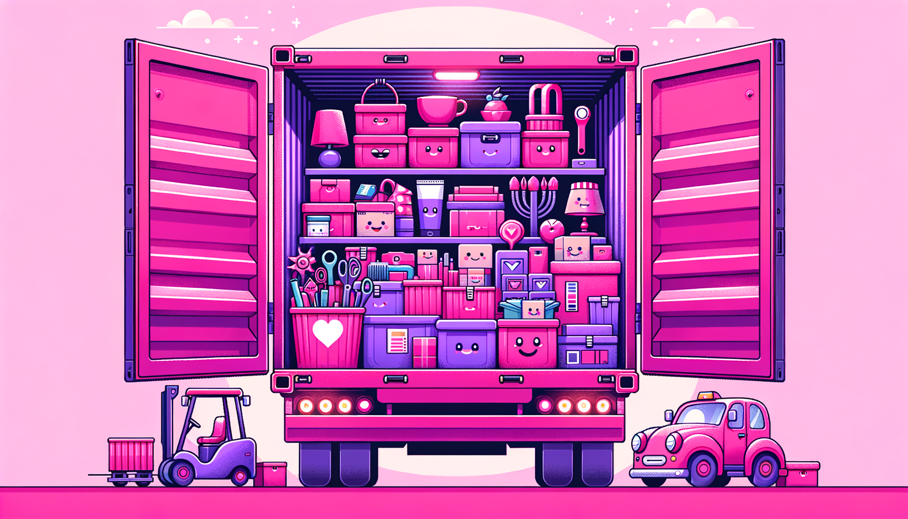 Cartoon illustration of a fuschia colored freight container optimized for space usage.