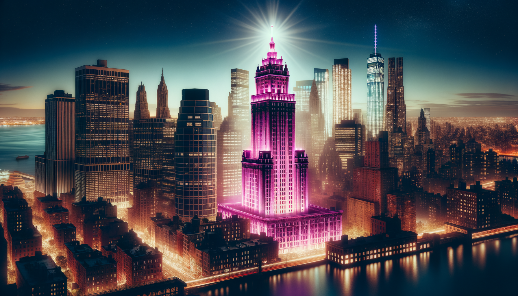 New York City skyline with a singular building glowing in fuschia color.