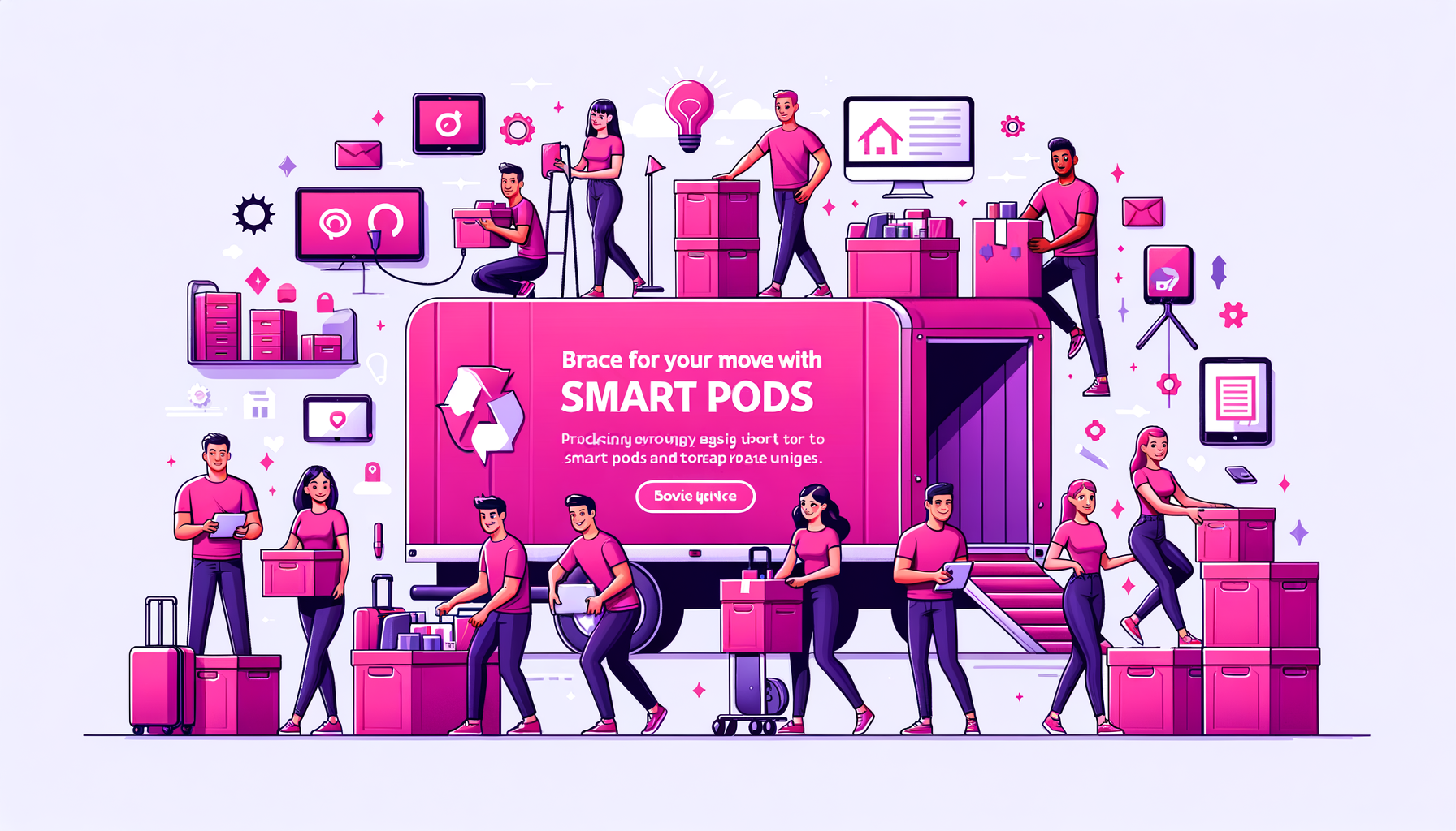 Cartoon-like image of fuschia colored smart pods and storage units being used for efficient moving, symbolizing MovingExperts' solutions.