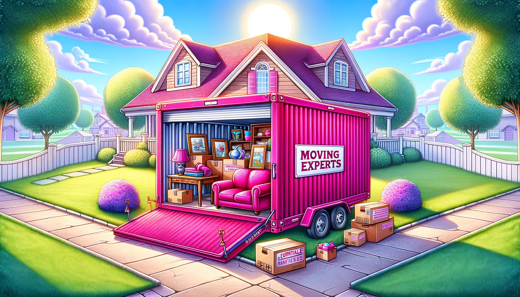 Cartoon-like illustration of fuschia colored portable moving units.