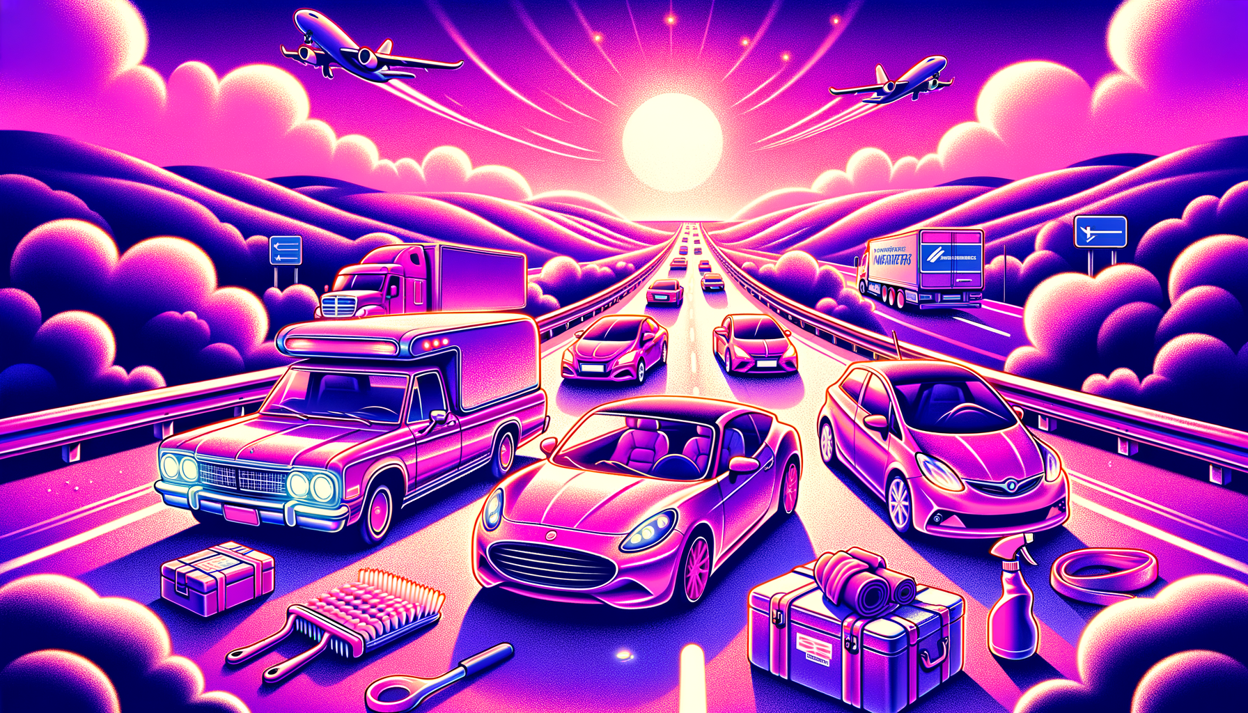 Cartoon illustration of a shining fuschia car atop a moving truck, symbolizing tips for keeping vehicles pristine during interstate moves.