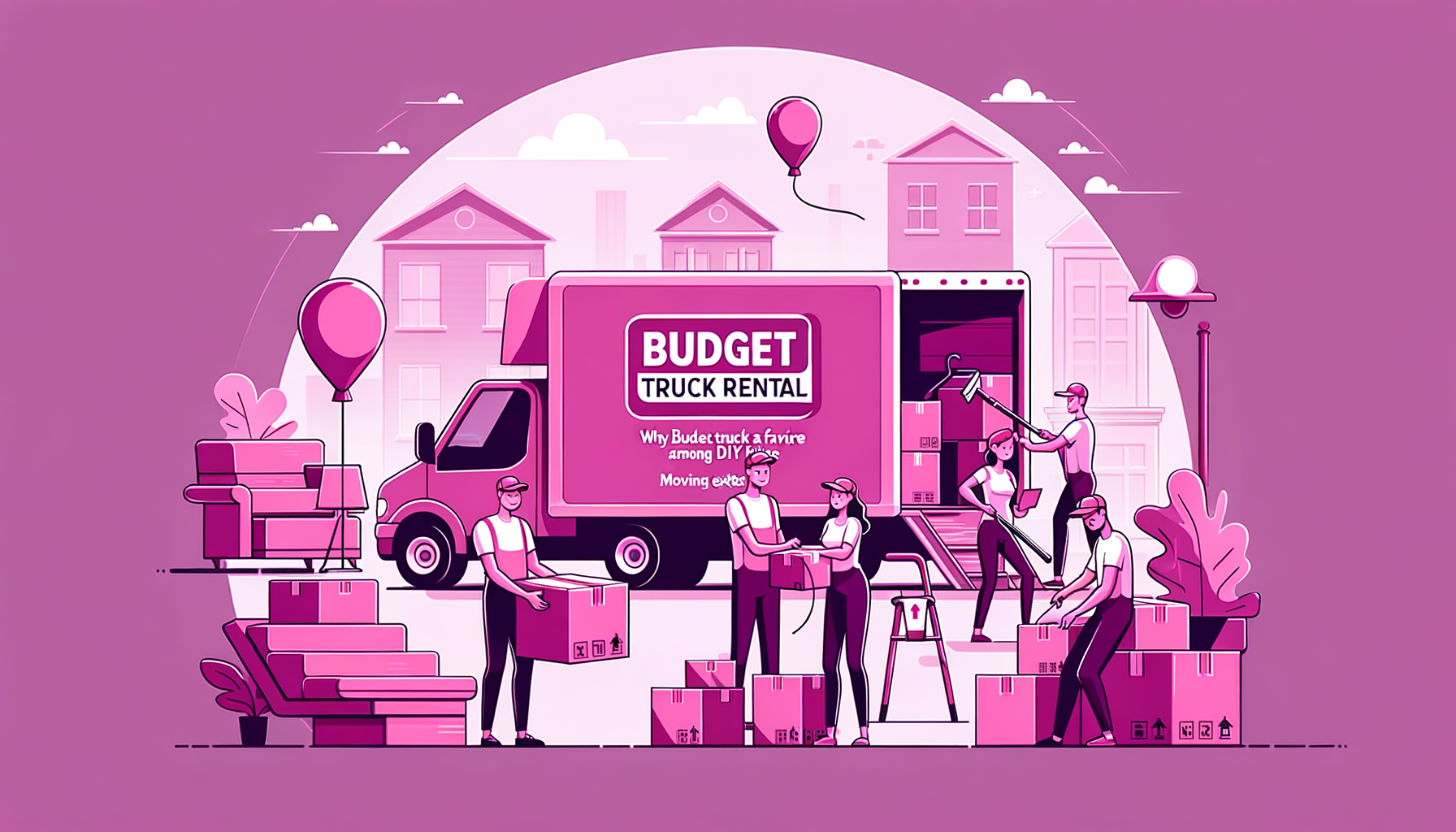 Cartoon illustration of a fuchsia-colored moving truck with happy DIY movers loading boxes, highlighting Budget Truck Rental's popularity.