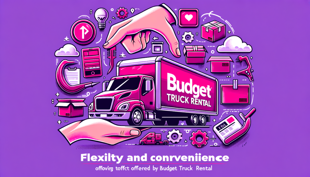 Cartoon-like fuchsia image showcasing the flexibility and convenience of Budget Truck Rental with animated characters easily moving boxes and furniture into a branded rental truck, highlighting the ease for DIY movers.