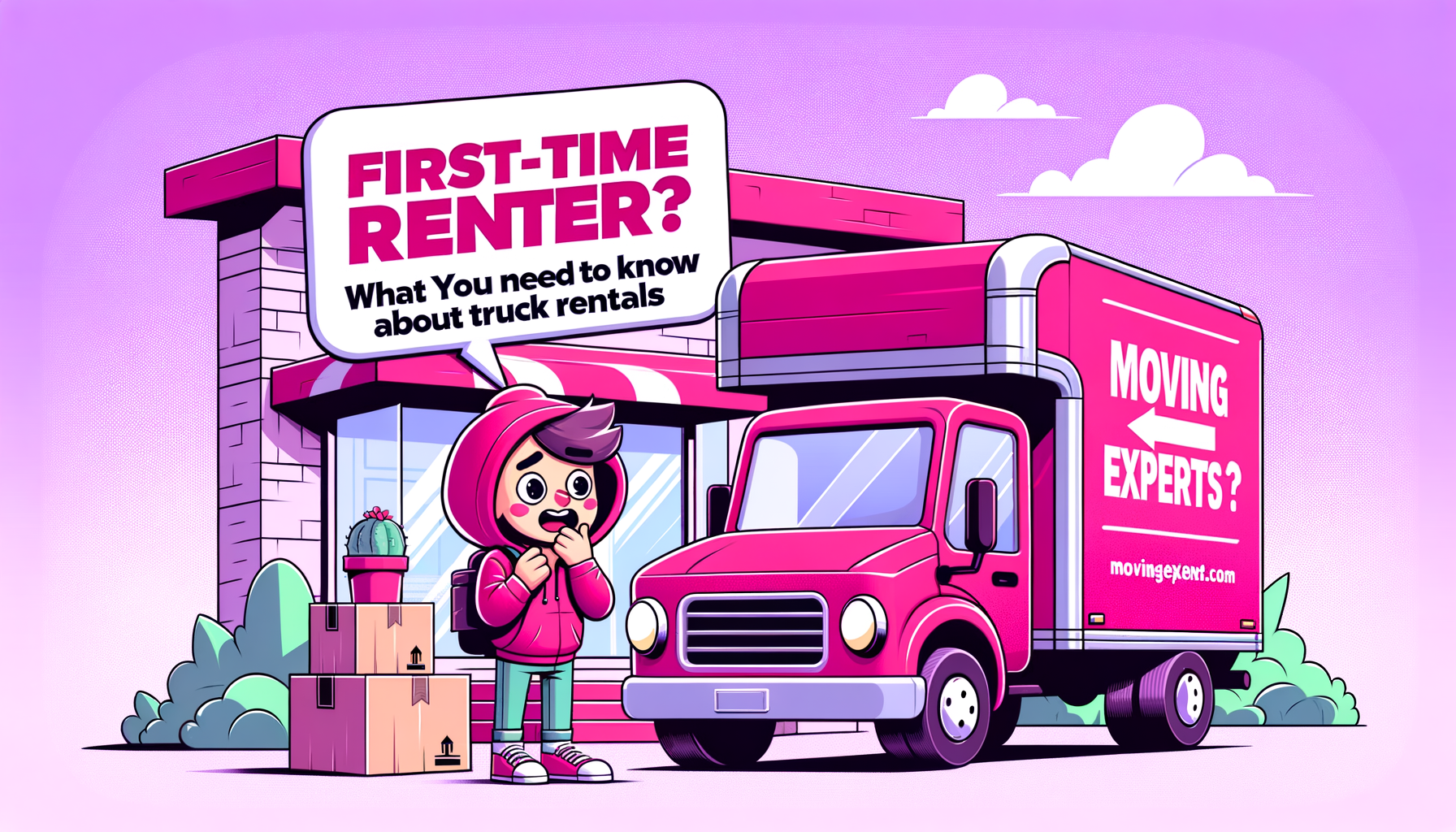 Cartoon-style fuschia Penske rental truck with smiling first-time renters learning how to use it, embodying key insights for a smooth moving experience.