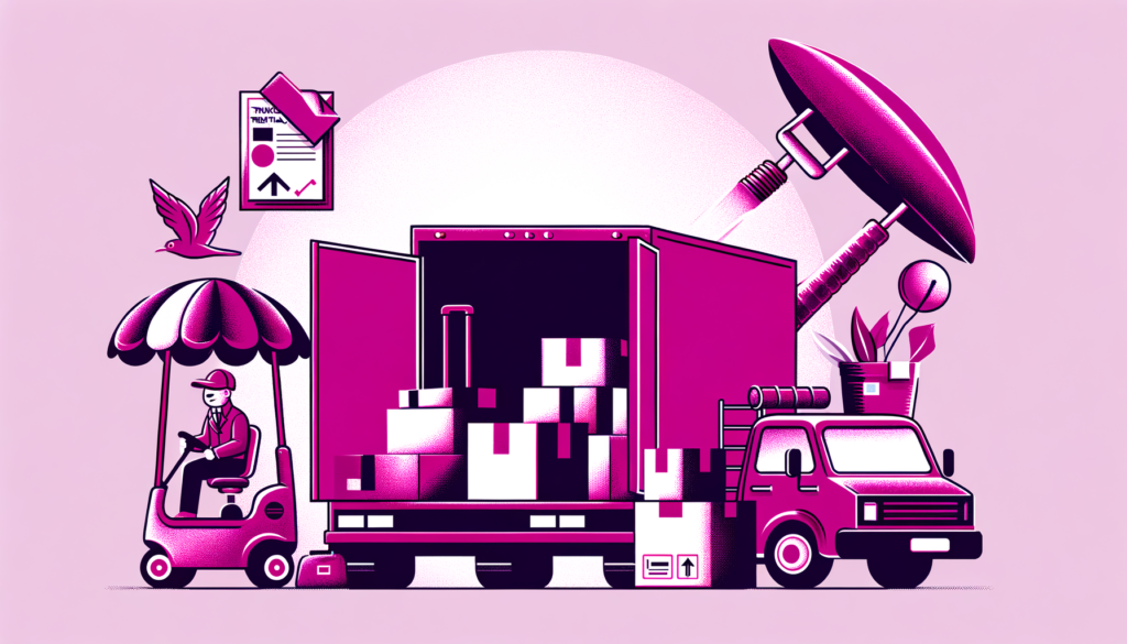 artoon illustration of a fuschia-colored moving truck with visible dents and scratches, surrounded by commonly forgotten items such as a moving dolly, boxes labeled "fragile" falling over, and a character looking at a checklist with a confused expression, highlighting common mistakes to avoid with Budget Truck Rental for DIY moves.