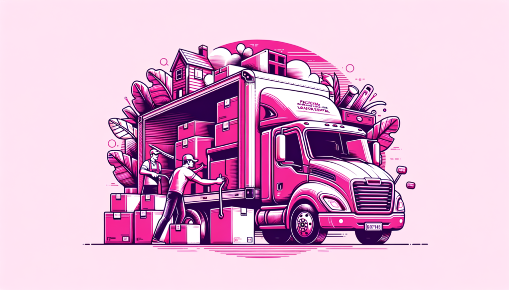 Cartoon illustration in fuchsia tones showing a person efficiently packing and loading boxes and furniture into a Penske rental truck, symbolizing essential tips for first-time renters.