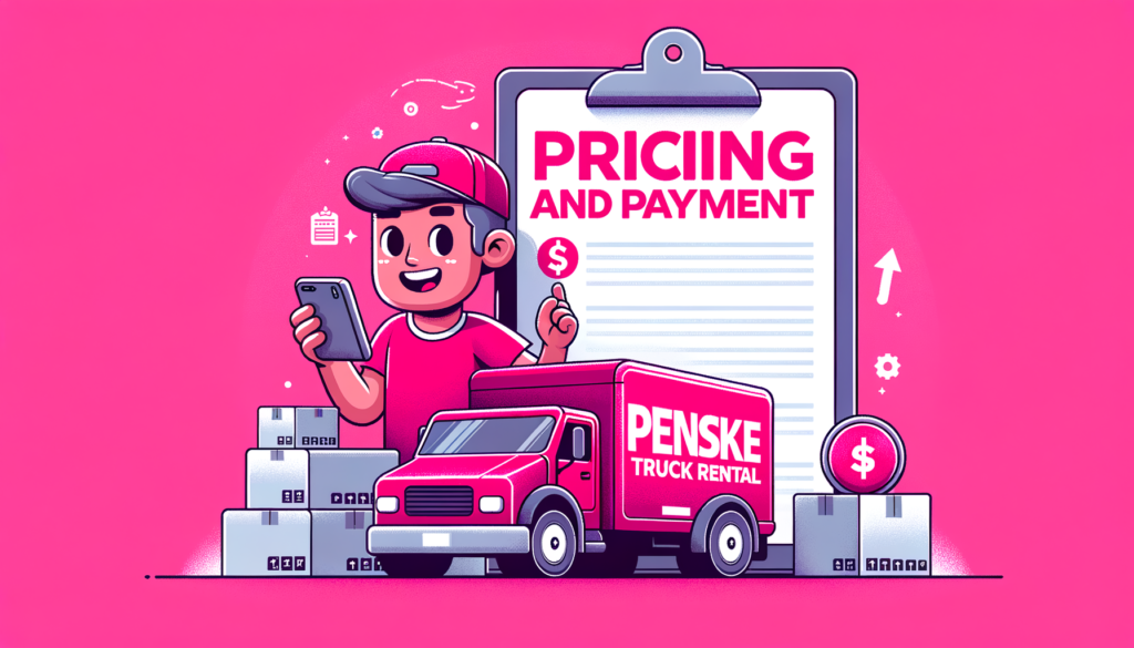 Cartoon-like illustration of a fuschia Penske rental truck under a "Pricing and Payment" sign, symbolizing cost details for first-time renters.