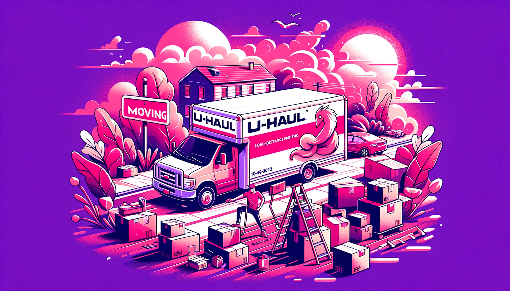 Cartoon-like fuschia-colored U-Haul truck filled with moving boxes illustrating the concept of DIY long-distance moving.