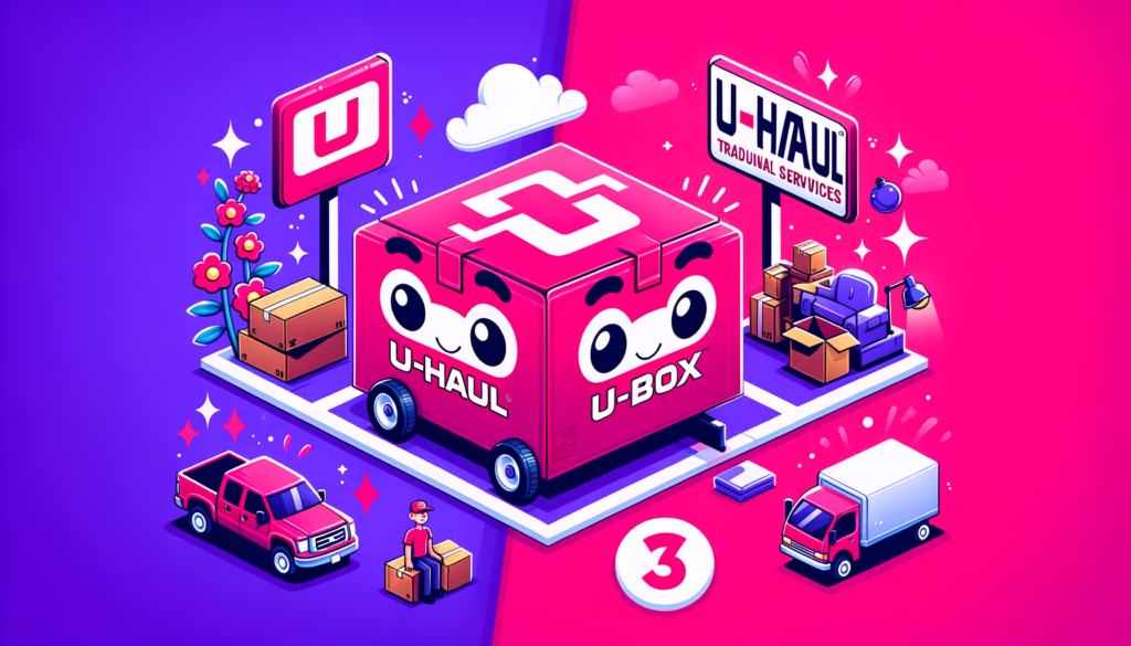 Cartoon-like fuschia illustration comparing U-Haul U-Box and traditional moving services, featuring a whimsical U-Box and a moving truck.