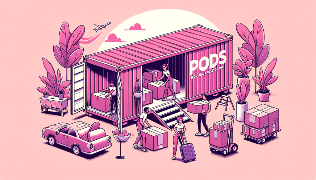 Bright fuchsia cartoon illustration of PODS container highlighting features making moving and storage convenient.