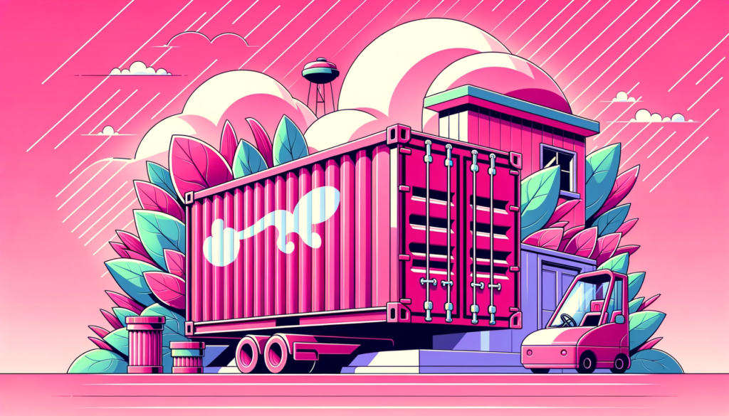 Cartoon-style depiction of a fuschia PODS container for moving and storage, showcasing its convenience and efficiency.