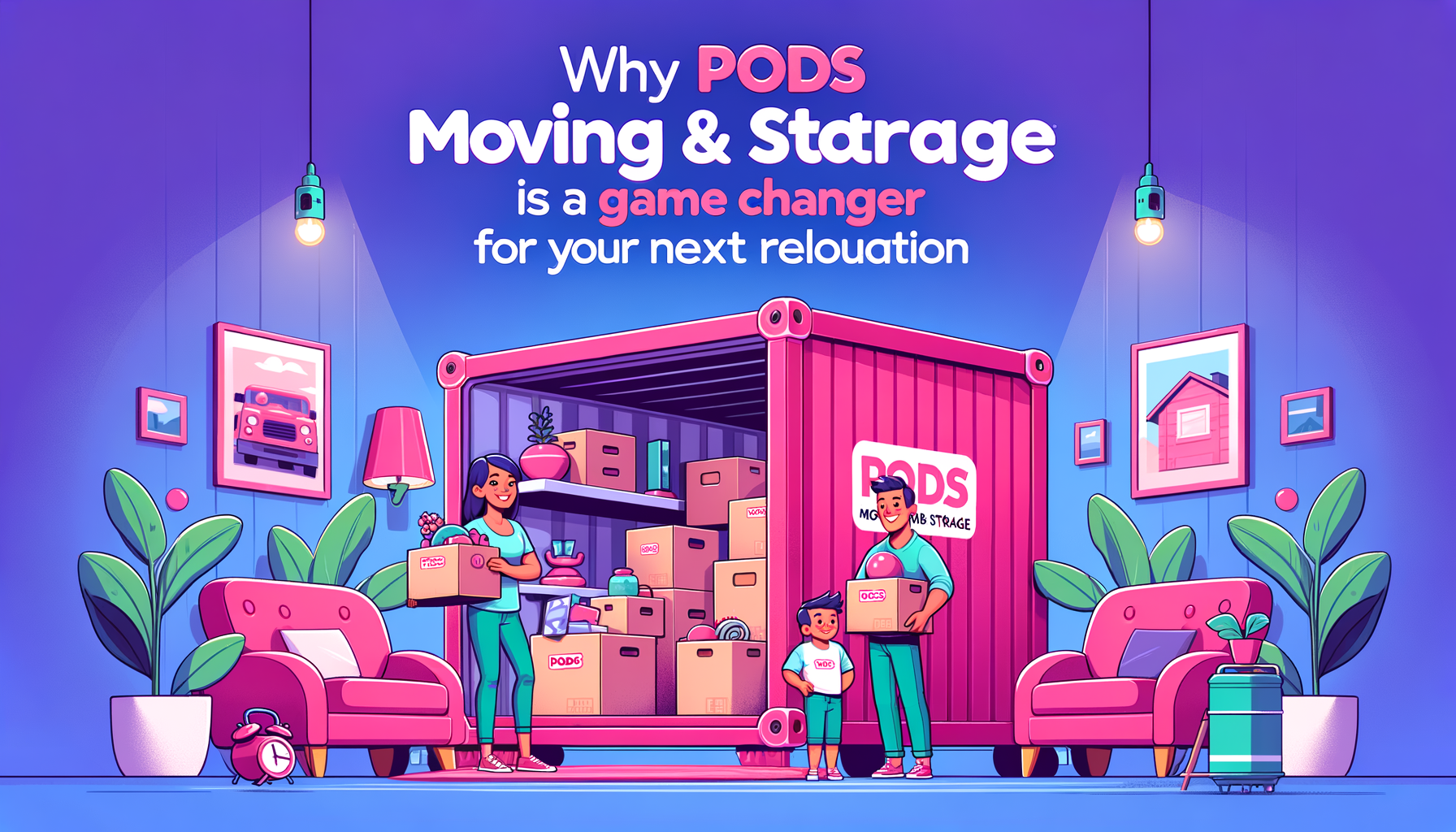 Cartoon-like illustration of a fuschia-colored PODS moving and storage container with characters happily packing, symbolizing an easy relocation process.