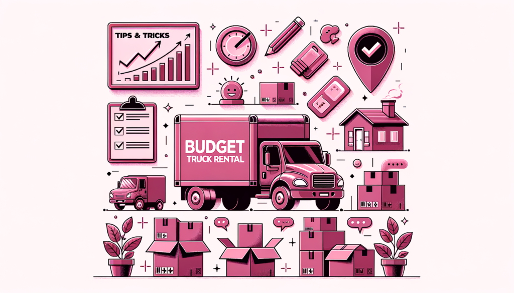 Cartoon illustration showcasing tips and tricks for an efficient Budget Truck Rental experience, featuring a fuschia-colored moving truck and lively characters loading boxes, highlighting cost-effective and smart moving strategies.