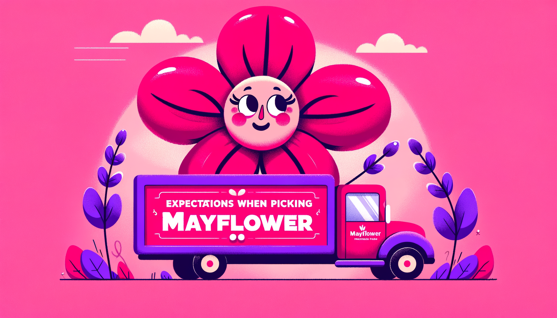 Cartoon-like illustration of a fuschia-colored Mayflower moving truck, symbolizing a review of Mayflower moving services.