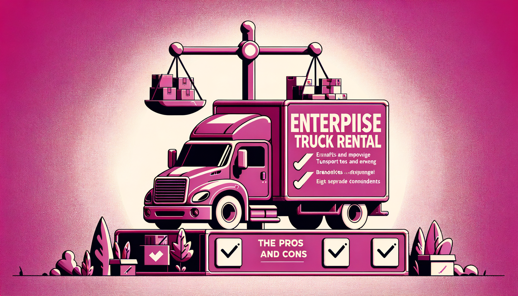 Cartoon illustration featuring a fuschia colored truck marked with "Enterprise" logo amidst thumbs-up and thumbs-down symbols indicating the pros and cons of Enterprise Truck Rental.