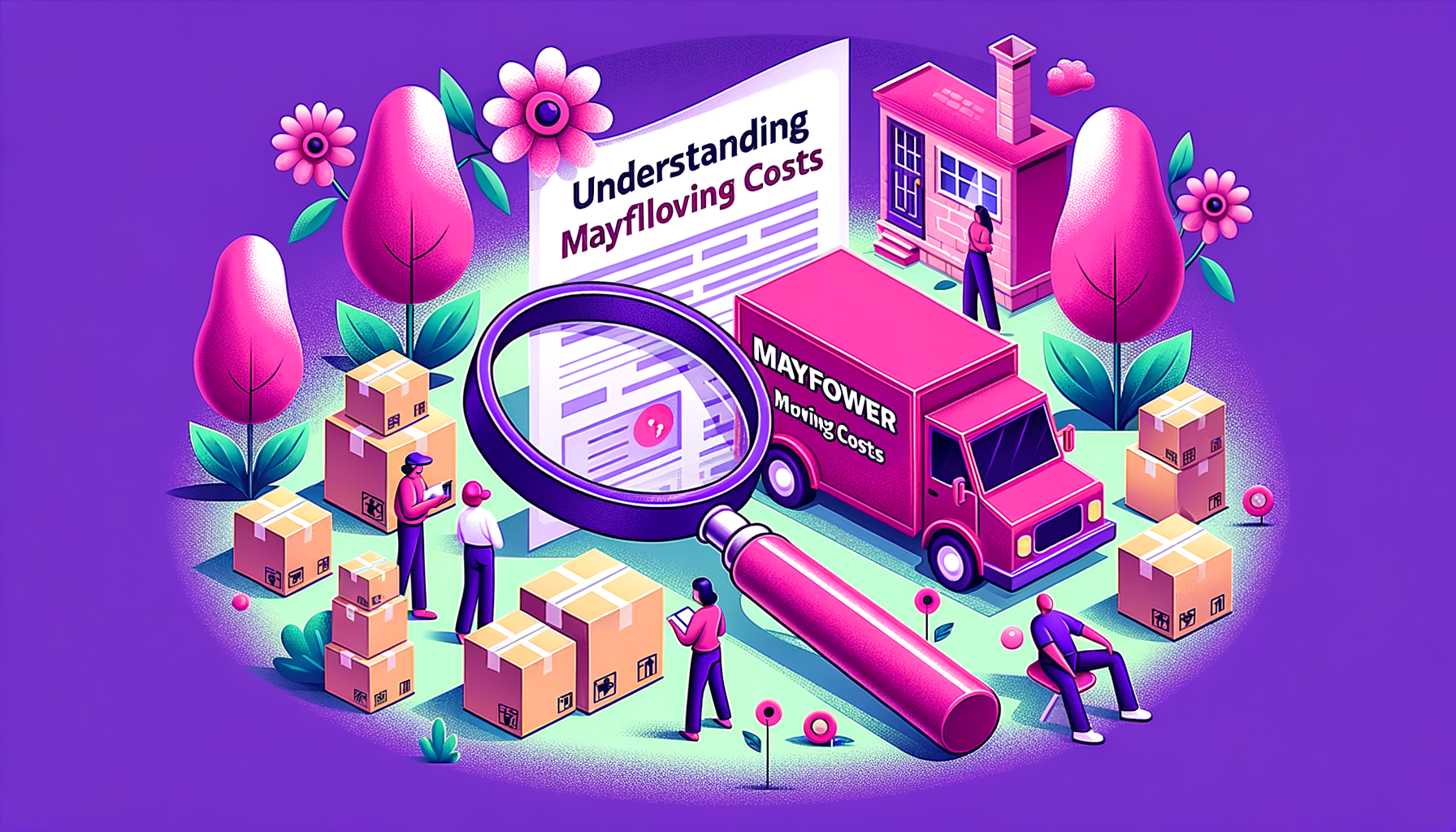 Cartoon illustration highlighting fuschia-colored elements to represent understanding Mayflower moving costs, featuring a moving truck and financial symbols.
