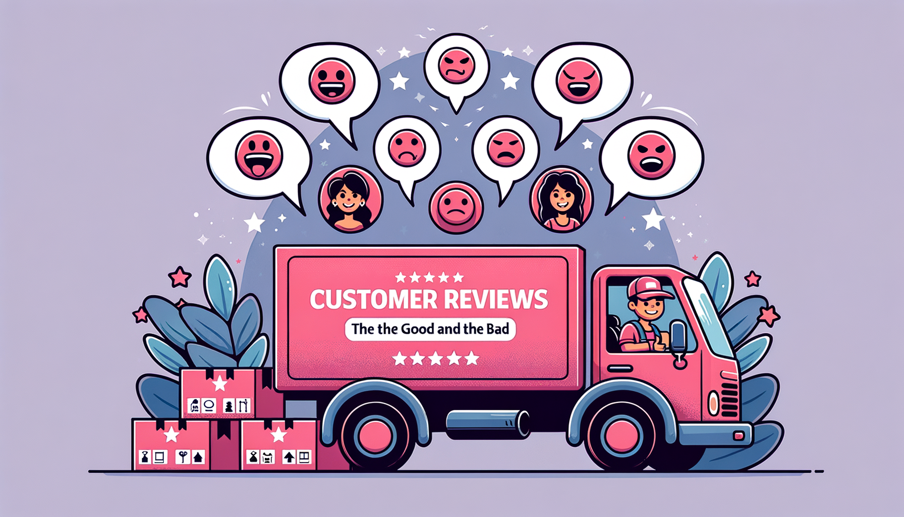 A cartoon-like fuschia colored illustration showcasing positive and negative customer reviews with speech bubbles, a moving truck with the Mayflower logo, and emotive faces representing different customer experiences.
