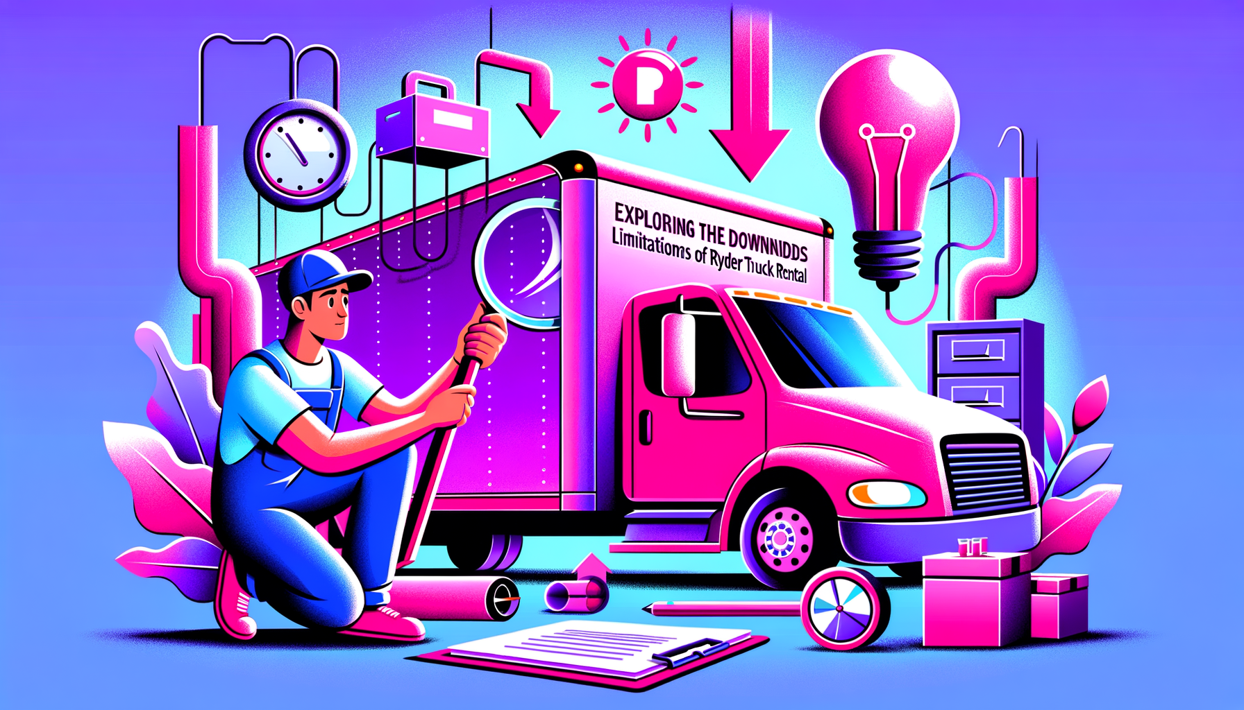 Fuschia cartoon illustration highlighting the limitations of Ryder Truck Rental, featuring a perplexed customer and a Ryder truck with visible cons.