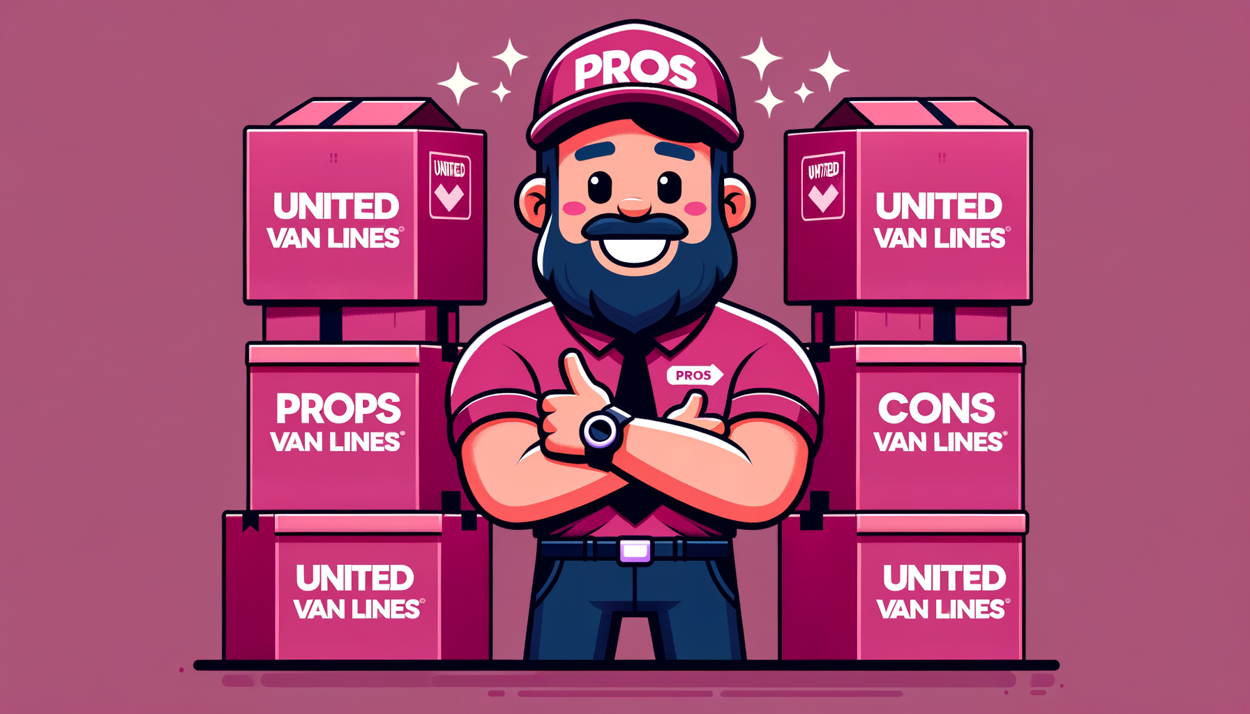 Cartoon-style fuschia image showcasing the benefits of choosing United Van Lines, featuring happy customers and efficient moving services.
