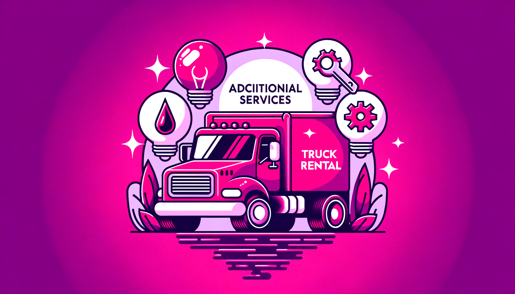 Cartoon illustration of a fuchsia-colored truck with symbols representing additional services such as GPS navigation, moving supplies, and towing equipment offered by Enterprise Truck Rental.