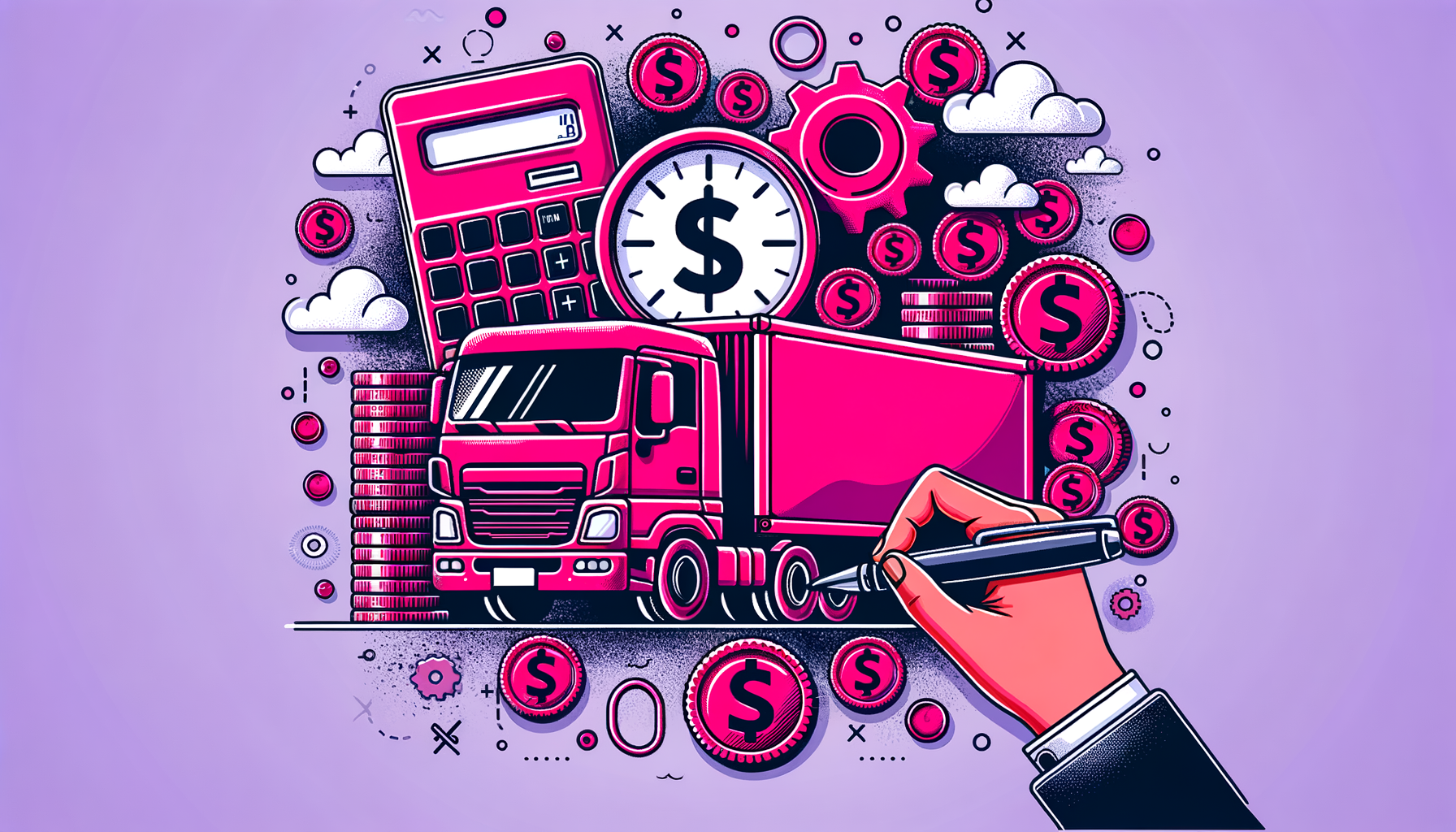 Cartoon illustration of a fuschia-colored balance scale, with dollar signs on one side and an Enterprise truck on the other, representing the assessment of costs versus value in truck rental options.