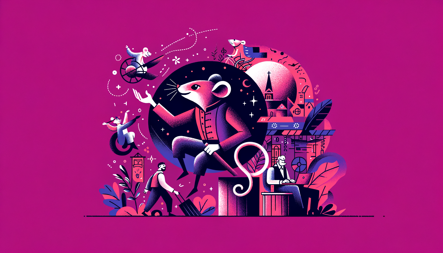 Cartoon illustration in vibrant fuschia tones showcasing the 1-800-PACK-RAT moving service as the leader in the industry with dynamic, happy characters and moving boxes.