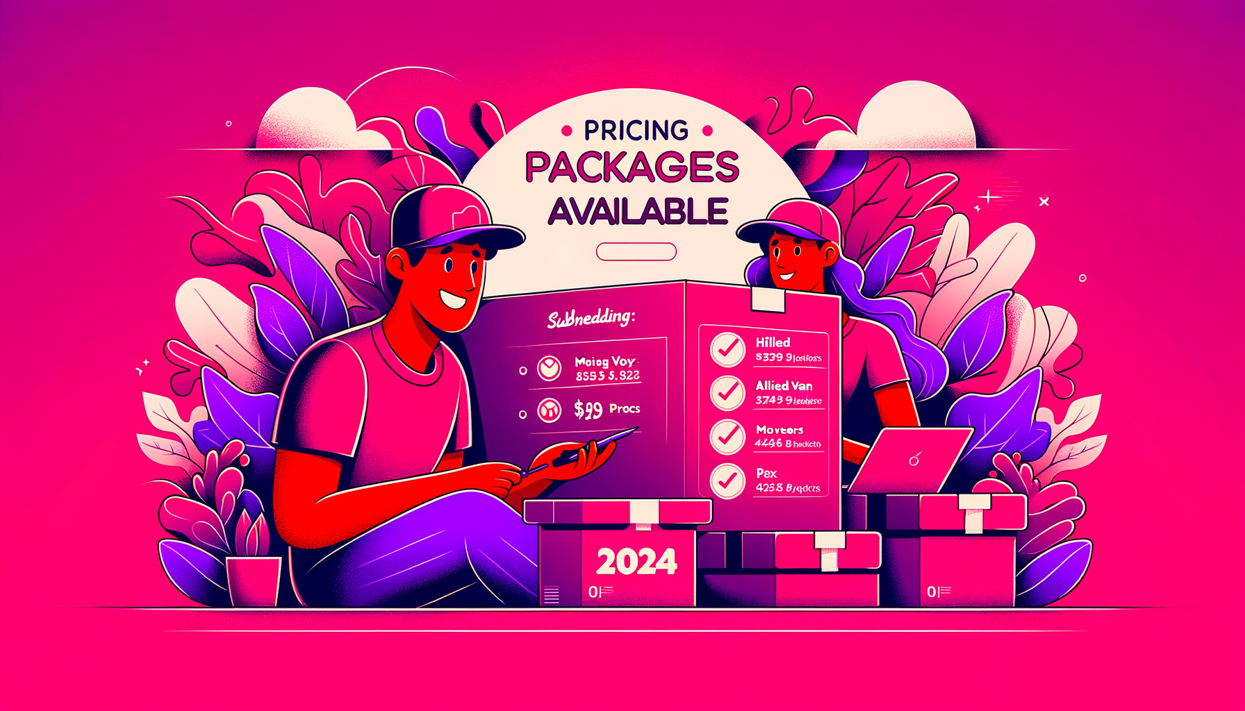 Cartoonish illustration in fuschia tones showcasing different moving packages and pricing labels, symbolizing Allied Van Lines services for 2024 moves.