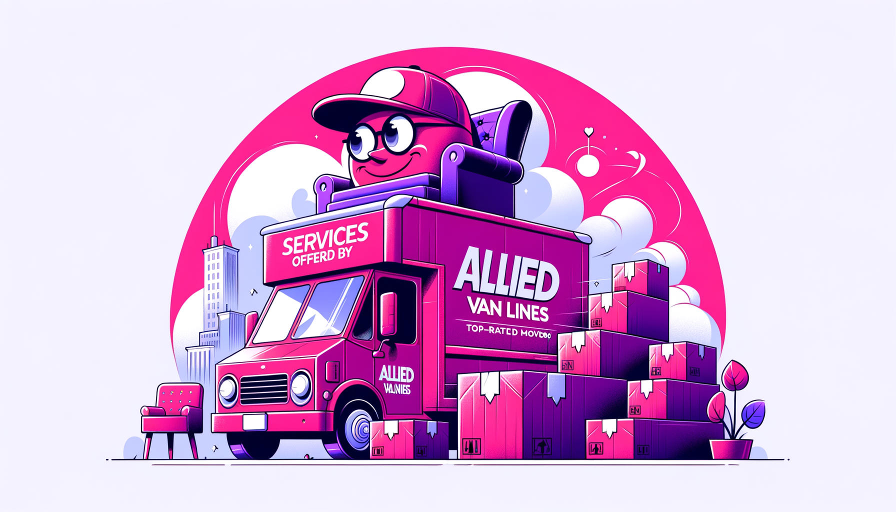 Cartoon-like fuschia image showcasing the diverse moving services offered by Allied Van Lines, including packing, transportation, and unpacking for a hassle-free move in 2024.