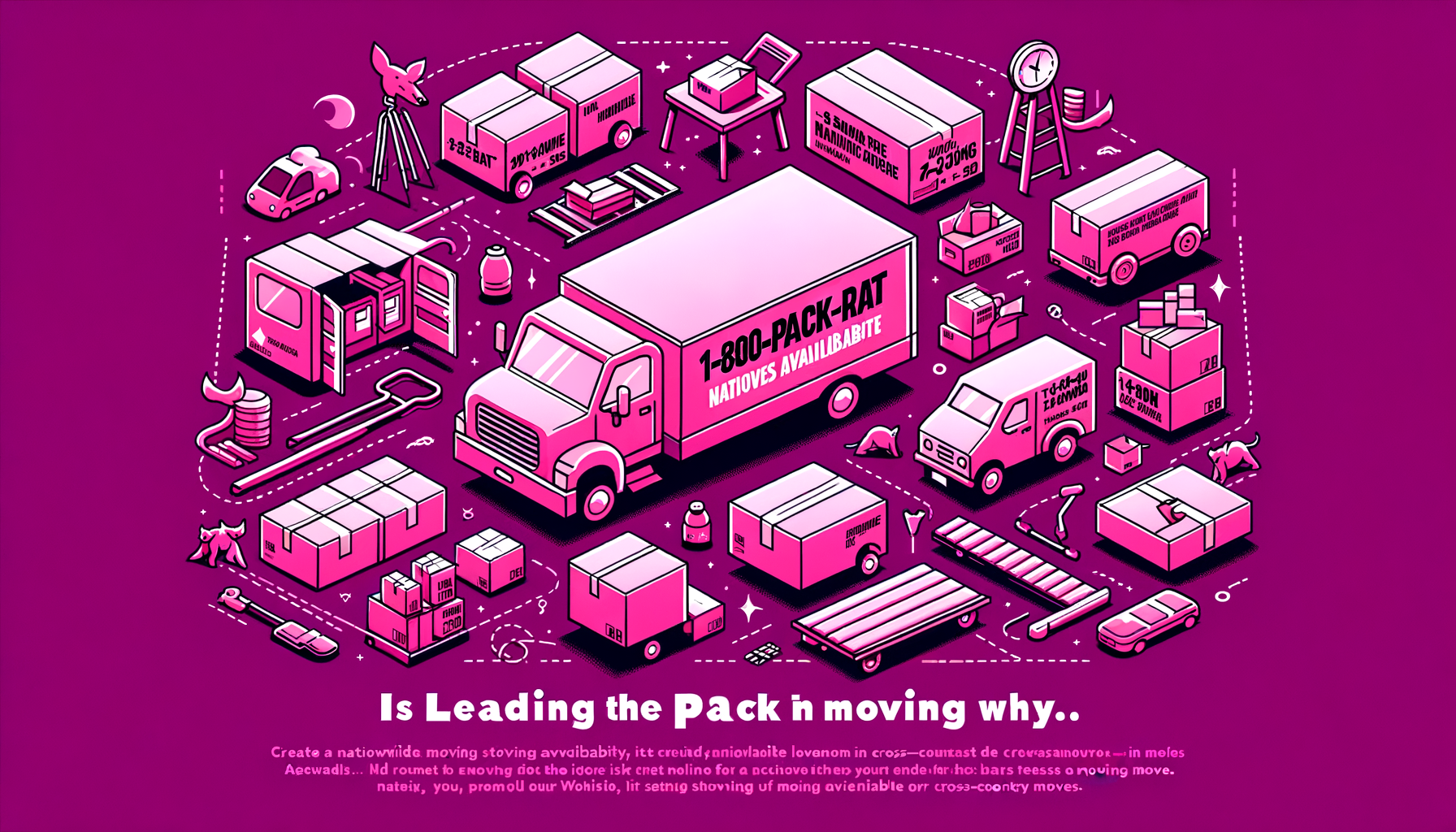 Cartoon-like image in fuschia featuring a smiling moving truck with the logo '1-800-PACK-RAT', illustrating nationwide availability for cross-country moves, with outlines of various states in the background.