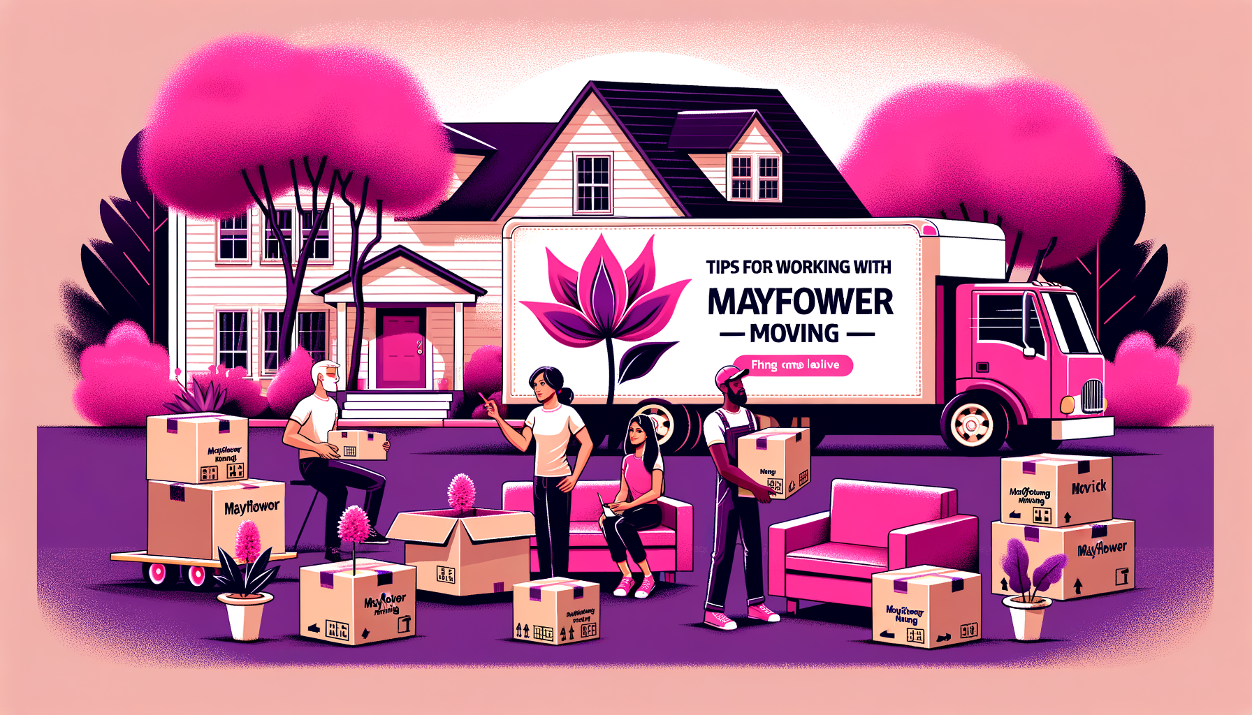 Cartoon-like fuschia colored illustration showing tips for working with Mayflower Moving, featuring boxes, a moving truck, and happy characters preparing for a move.