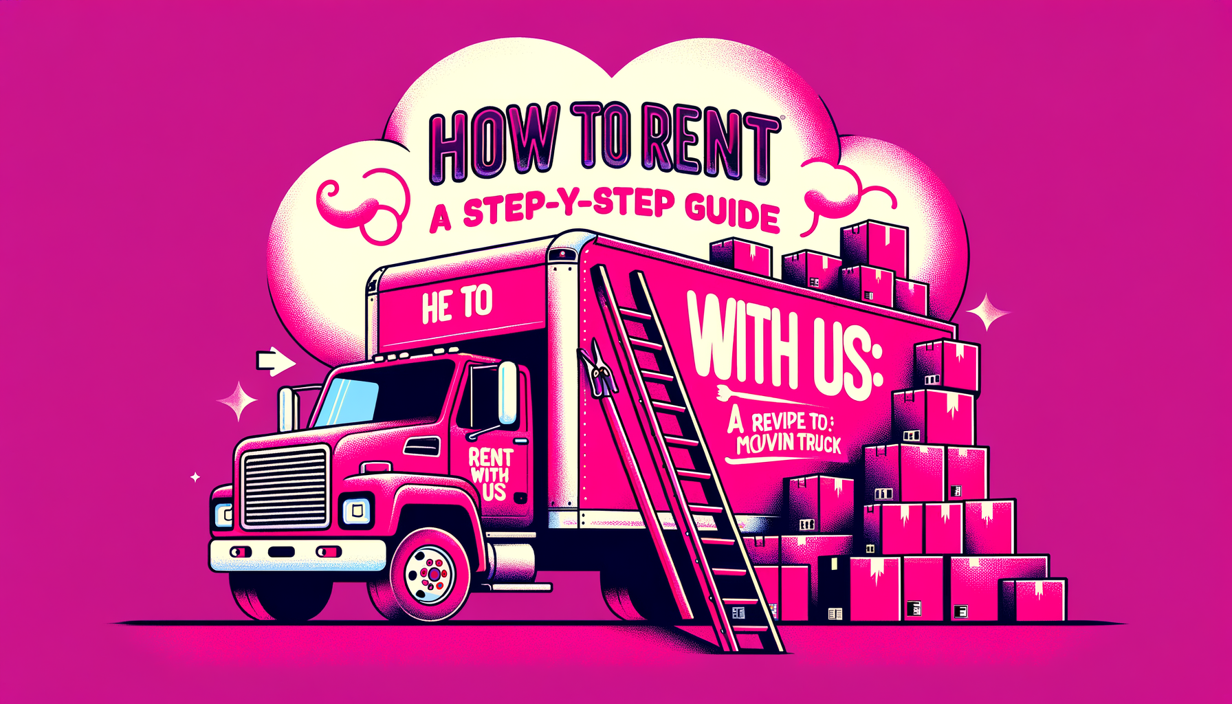 Cartoon-like illustration in fuschia tones showing a step-by-step guide to renting with Ryder, featuring a cheerful person holding a key in front of a Ryder rental truck.