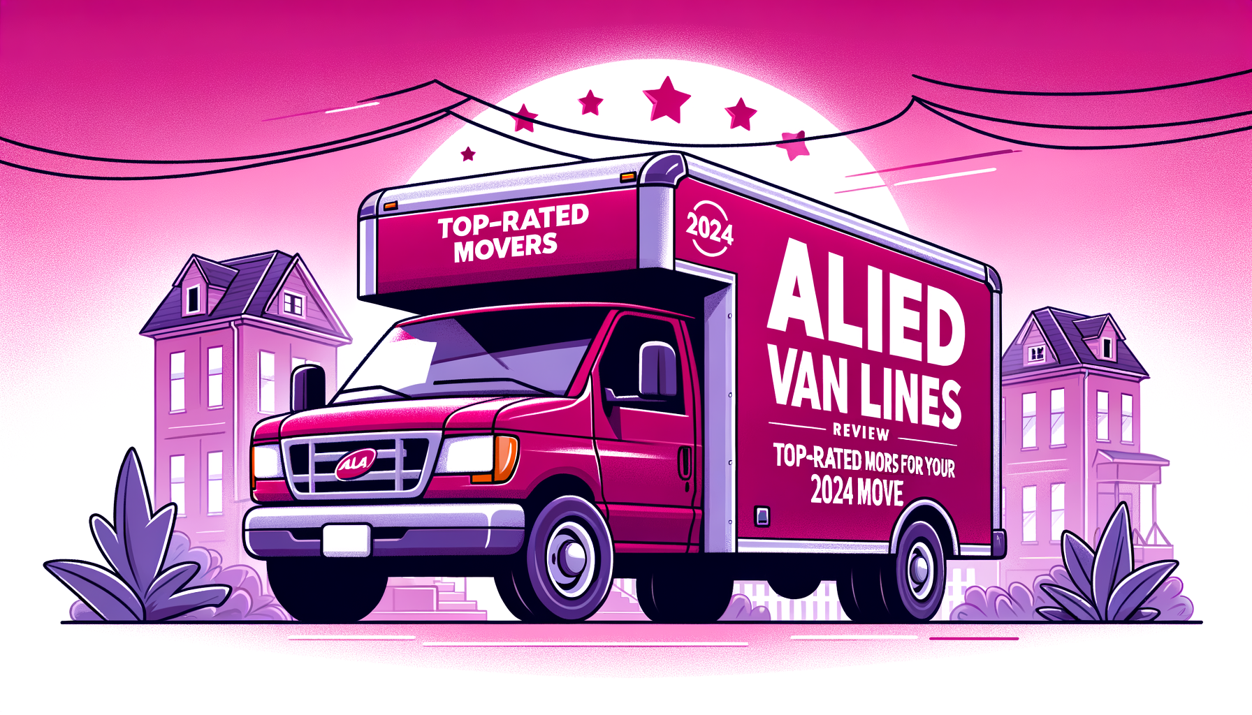 A cartoon-like depiction of a fuschia-colored Allied Van Lines moving truck, symbolizing top-rated moving services for 2024.