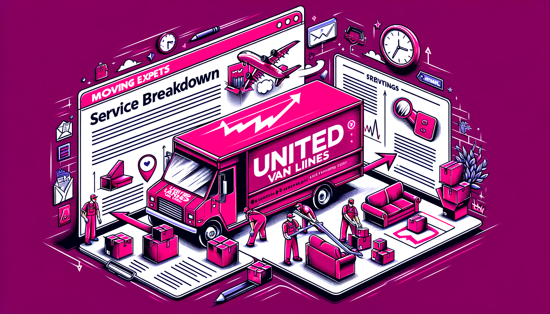Cartoon-like fuschia illustration showcasing United Van Lines moving services, including packing, transportation, and unpacking.