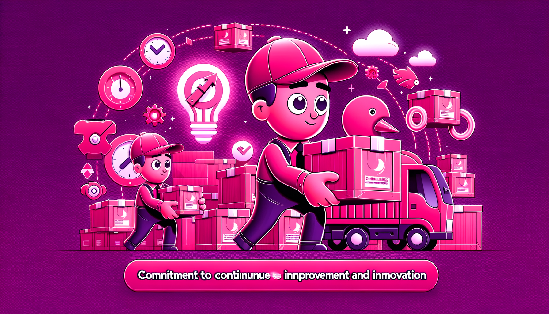 Cartoon illustration in fuschia tones showcasing a light bulb and a gear symbolizing innovation and continuous improvement.