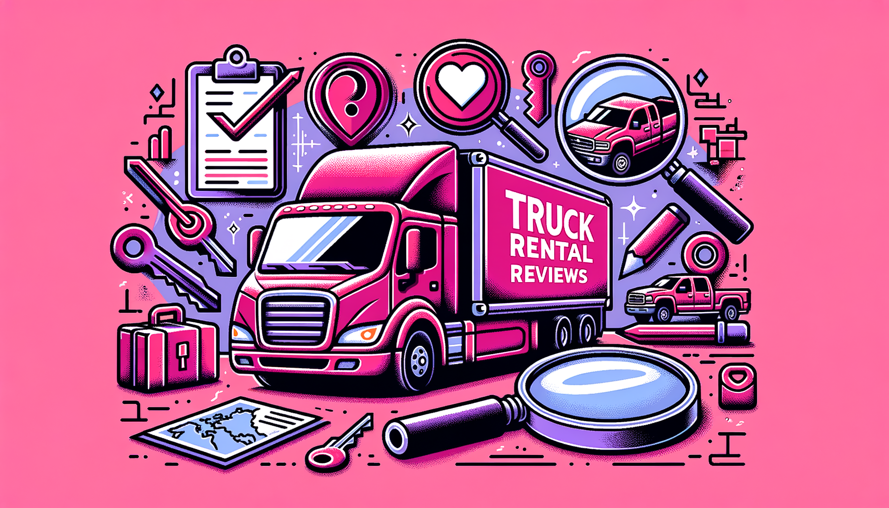Cartoon-like illustration of a fuschia Ryder rental truck, highlighting features for the 2024 review.