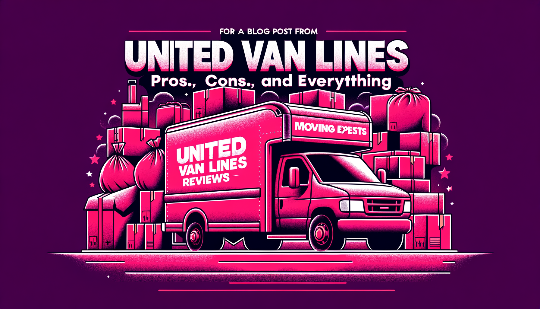 Cartoon illustration of a fuschia moving truck with happy and sad emoticons balancing on top, depicting the pros and cons of United Van Lines services.