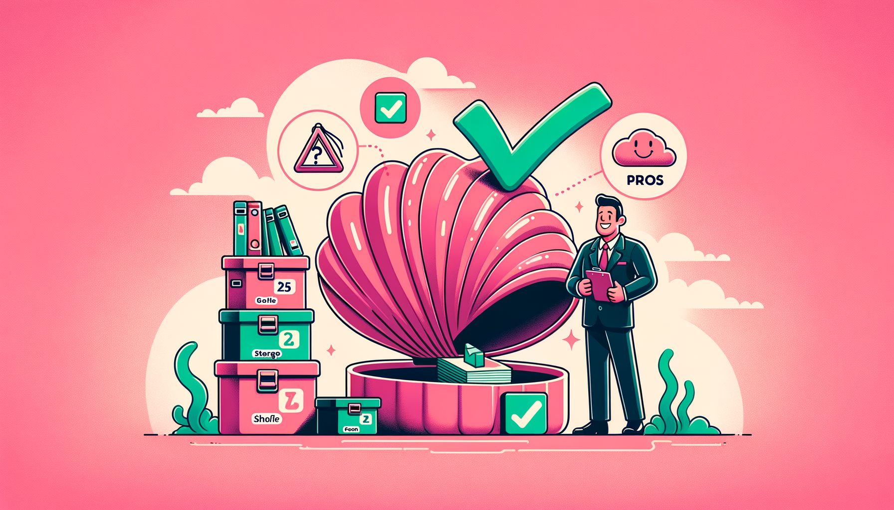 Cartoon illustration of a fuschia-colored Zippy Shell storage unit highlighting its benefits, with animated characters efficiently organizing belongings inside.