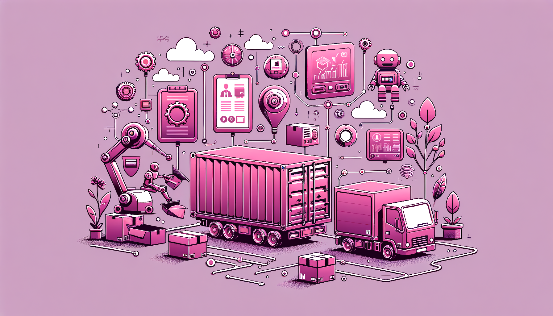 Cartoon illustration in fuchsia tones showcasing futuristic trends and innovations in the portable storage industry.