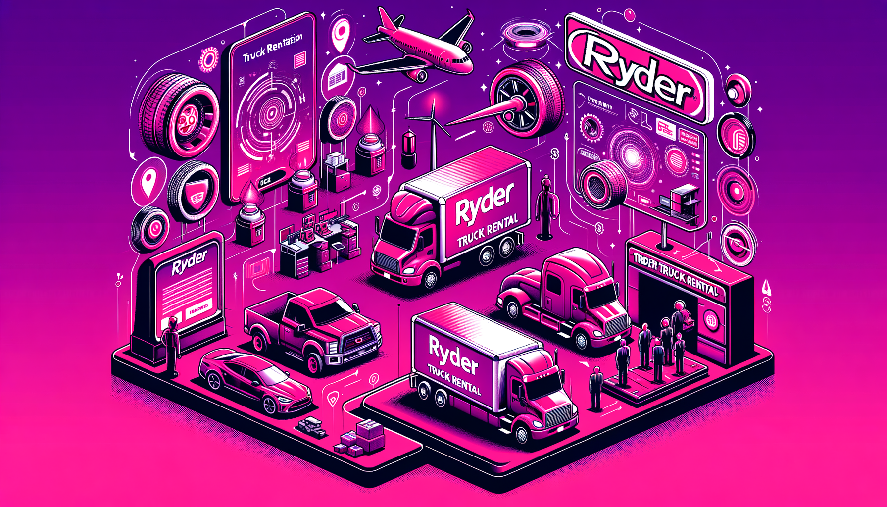 Cartoon illustration showing a fuschia Ryder truck beside competitors' trucks, highlighting the differences in size, features, and logo designs for a 2024 comparison.